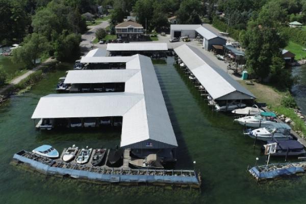 Covered boat dock slips located at Lake Simcoe Marine